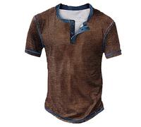 Men's Distressed Henley Shirts Short Sleeve Breathable Lightweight Top Sports Running Gym Tee Muscle Fit Summer Shirts for Men UK Linen A-Brown