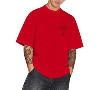 Men's Distressed Henley Shirts Vintage Short Sleeve T-Shirts Washed Cotton Casual V-Neck Button Tee Shirt Streetwear Blouse Grunge Clothing （Red, L