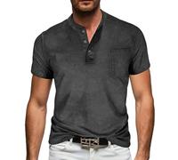 Men's Distressed Henley T Shirt Vintage Short Sleeve Grandad Collar T-Shirts with Pocket Retro Solid Color Breathable Button Up Tshrit Plus Size Cotton Basic Tees for Daily Wear Going Out Black