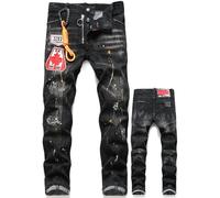 Mens Distressed Paint Splatter Jeans Ripped Holes Skinny Stretch Denim Pants Destroyed Slim Straight Leg Jean,B,30
