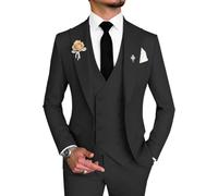Mens Double Breasted 3 Piece Slim Fit Suit Wedding Groom Prom Dinner Tuxedo, Black, M