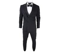 Mens Double Breasted Black Tuxedo Suit Dinner Jacket Stripe Trouser Tux Classic Satin - Black 50