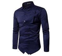 Men's Double Breasted Button Down Shirt Fashion Fake Two Long Sleeve Shirts Solid Slim Fit Prom Wedding Party Shirt (Dark Blue,M)
