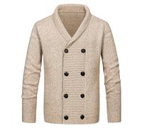 Mens Double Breasted Cardigan Cable Knitted Chunky Sweater Outwear Warm Shawl Collar Long Sleeve Casual Coat, Khaki, Large
