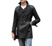 Men's Double Breasted Notched Lapel Windbreaker Long Jackets Casual Fall Trench Coats Windproof Overcoat, Black, 3XL