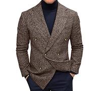 Men'S Double-Breasted Tweed Blazer, Formal Check Pattern Suit Jacket, Classic Fit Business Blazer For Men, Vintage Style Casual Blazer Coat, Retro Herringbone Jacket With Pockets,Smart Casual