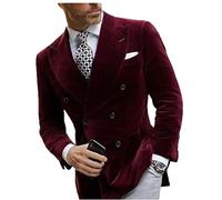 Mens Double Breasted Velvet Blazer Notch Lapel Dinner Suit Jacket Prom Party Coat, Burgundy, 46