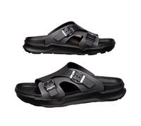 Mens Double Buckle Slide Sandals Adjustable Strap Open Toe Non Slip Thick Sole Soft Cushion Casual Outdoor Slides Lightweight Summer Footwear Plus Size for Daily Walking Beach(Grey,7 UK)