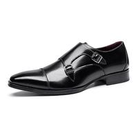 Men's Double Monk Mouth Cap Toe Formal Business Loafers Casual Comfort Leather Pull-On Formal Dress Shoes, Black, 8 UK