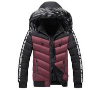 Mens Down Jackets Lightweight Winter Long Sleeve Outdoor Hooded Coat Color Block Casual Thicken Warm Jacket Windproof Mens Quilted Coat for Camping Walking Travelling Red