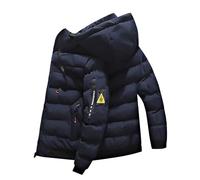 Mens Down Jackets Lightweight Winter Long Sleeve Outdoor Hooded Coat Solid Color Casual Thicken Warm Jacket Windproof Mens Quilted Coat for Camping Walking Travelling Blue