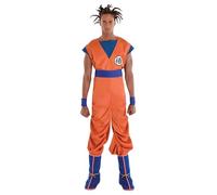 Men's Dragon Ball Z Halloween Costume | Adult Goku Anime Outfit with Wristbands | Jumpsuit with Printed Details, Multicolor, S/M