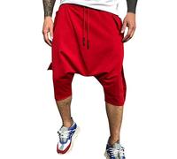 Men's Drawstring Harem Pants Loose Drop Crotch Trousers Solid Color Jogger Short with Multi Pocket Relaxed Fit 3/4 Trousers Casual Summer Shorts Breathable Stretch Half Pant for Walking Red