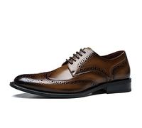 Men's Dress Lace-Up Shoes Oxford Shoes for Men Lace Up Round Burnished Toe Wing Tip Brogue Embossed Leather Block Heel Non Slip Anti-Slip Rubber Sole Party(Light Brown,5.5 UK)