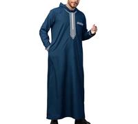 Men's Dress Middle Eastern Arabic Style Shirt High Neck Long Sleeve Embroidered Islamic Shirt Oriental Style Loose Dresses Knee-Length Elegant Blouse for Ramadan, Navy blue, M