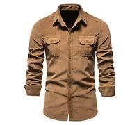 Men's Dress Shirt Corduroy Work Shirts Slim Fit Long Sleeve Button Down Shirts with Pocket Breathable Tactical Shirt Formal Stretch Wrinkle-Free Casual Tops for Spring Travel Brown