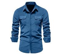 Men's Dress Shirt Corduroy Work Shirts Slim Fit Long Sleeve Button Down Shirts with Pocket Breathable Tactical Shirt Formal Stretch Wrinkle-Free Casual Tops for Spring Travel Blue