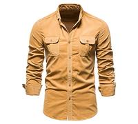 Men's Dress Shirt Corduroy Work Shirts Slim Fit Long Sleeve Button Down Shirts with Pocket Breathable Tactical Shirt Formal Stretch Wrinkle-Free Casual Tops for Spring Travel Yellow