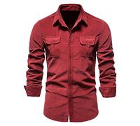 Men's Dress Shirt Corduroy Work Shirts Slim Fit Long Sleeve Button Down Shirts with Pocket Breathable Tactical Shirt Formal Stretch Wrinkle-Free Casual Tops for Spring Travel Red