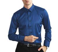 Mens Dress Shirt Silk Luxury Long Sleeve Tee Shirts Slim Fit Cocktail Party Disco Prom Tshirt Non-Iron Leisure Stretch Wedding Clothing Mock Neck Collar Tops Button Up Formal Office Workwear Blue