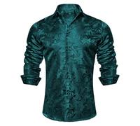 Mens Dress Shirts Luxury Satin Printed Long Sleeve Shirt Patterned Button Down British Tailored Shirt Business Regular Fit Wedding Work Non Iron Shirts Party Casual Fancy Formal Tops Green