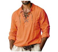 Mens Dress Shirts, Male Lapel Drawstring Imitation And Linen Solid Color Long Sleeve Shirt