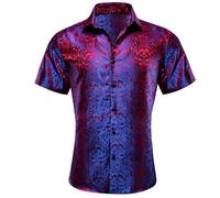 Men's Dress Shirts Short Sleeve, 80S 90S Fancy Dress Costumes Summer Button Down Shirt Wrinkle-Free Retro Style Party Wear Stylish Casual Formal Shirts Summer Dress Shirt Dark Blue