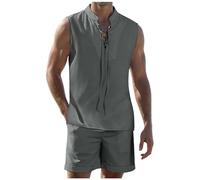 Men's Dress Suits Men's Summer Sleeveless Vest Shorts Set Natural Linen Shirt Shorts Set Men's Set Outfits Fashion Athletic Tracksuit Set (Grey, S)