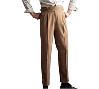 Mens Dress Trousers High Waisted Gurkha Trouser Plain Adjustable Waist Cotton Pants Pleated Front Straight Leg Bottoms Retro Casual Pant Work Office Clothes with Pockets