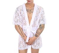 Men's Dressing Gown Lightweight Thin - Transparent Bathrobe Men's Summer Sleepwear Sexy Kimono with Belt Men's Dressing Gown Sleep Shirt Lightweight Sauna Robe Gifts for Men, White, L