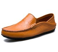 Mens Driving Loafers Slip on Moccasins Slipper Handmade Leather Business Shoes Flats Breathable Boat Shoes Light Brown 5.5 UK