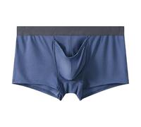 Men's Dual Fly Pouch Underwear Bulge Breatable Boxer Briefs See-Through Separated Pouch Trunks Sexy Short Panties (Grey Blue,XL)