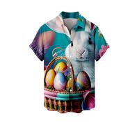 Men's Easter Shirts Egg Hunt Bunny Print Shirt Big and Tall Short Sleeve Button Down Retro 80s Bowling Shirts (Blue, M)