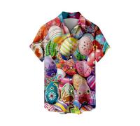 Men's Easter Shirts Egg Hunt Bunny Print Shirt Big and Tall Short Sleeve Button Down Retro 80s Bowling Shirts (Red, 3XL)