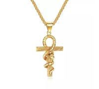 Mens Egyptian Ankh Kundalini Snake Pendant Necklace Silver Gold Black Chain 24"-Gold