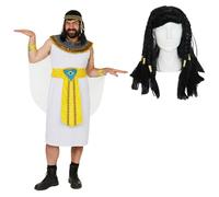 Mens Egyptian Queen Costume - White Velour Dress with Multicoloured Collar, Black Egyptian Wig - Bachelor Party Cleopatra Fancy Dress Costume