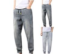 Mens Elasticated Waist Jeans, Cuffed Jeans For Men Fashion Cuffed Denim Joggers With Pockets Lightweight Regular Fit Denim Sweatpants Drawstring Causal Running Clothes Classic Basic Pants