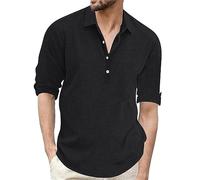 Mens Elbow Sleeves Polo Shirts 4 Buttons Linen T-Shirts Lapel Collar Casual Business Loose Fit Workout Pullover Tops(Z03-Black, XL)
