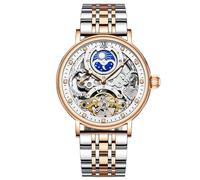 Men's Elegant Automatic Mechanical Watch | Rose Gold Case & White Skeleton Dial | Dual Time Zone + Moon Phase Display | Luminous Markers | 30M Water Resistant | Two-Tone Rose Gold Stainless Steel Band