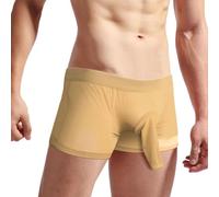 Mens Elephant Trunk Underwear Boxer Brief with Contour Pouch Low Waisted Comfort Elephant Nose Jock Strap Belted Bulge Enhancement Naughty Male Lingerie Sheer Ice Silk Boyshort Soft Khaki