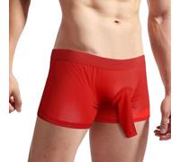 Mens Elephant Trunk Underwear Boxer Brief with Contour Pouch Low Waisted Comfort Elephant Nose Jock Strap Belted Bulge Enhancement Naughty Male Lingerie Sheer Ice Silk Boyshort Soft Red