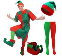 Mens Elf Costume Christmas Fancy Dress - Red/Green Tunic + Elf Hat With Pom Pom + Red/Green Tights and Elf Boots - Cheeky Christmas Elf Santa's Grotto Large