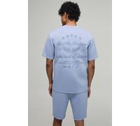 Men's Embroidered Limited Edition Regular Fit Bonded Scuba T-Shirt & Slim Pintuck Short Set | Dusty Blue | Size X-Small | BOOHOOMAN