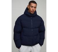 Men's Essential Regular Fit Midweight Padded Hooded Puffer Jacket | Navy | Size X-Small | BOOHOOMAN