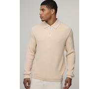 Men's Essential Regular Fit Soft Touch Waffle 1/4 Zip Knitted Polo | Stone | Size X-Small | BOOHOOMAN