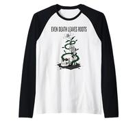 Mens Even Death Leaves Roots - Philosophical Nature Art Skull Raglan Baseball Tee