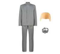 Mens Evil Doctor Costume 60s Villain Coat Pants Suits Ring Bald Cap Halloween Carnival Funny Outfit Grey XS