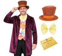 Mens Factory Boss Book Character Costume Plus Golden Ticket Accessory Set | front-fastening velvet coat, candy-print waistcoat, bow tie, top hat, golden ticket included
