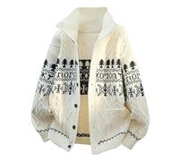 Men's Fair Isle Button Cardigan Sweater High Neck Knitted Jumper Tree Geometric Pattern Warm Winter Knitwear for Men (Beige, M)