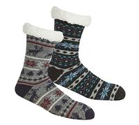 Mens Fairisle Fully Fleece Lined Winter Lounge Slipper Socks/House Slippers (1 Pair Black & 1 Pair Grey Fairisle)